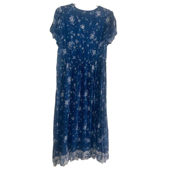 ✨Bloomchic Blue Floral Flounce Sleeves Midi Dress✨ - Picture 3 of 7